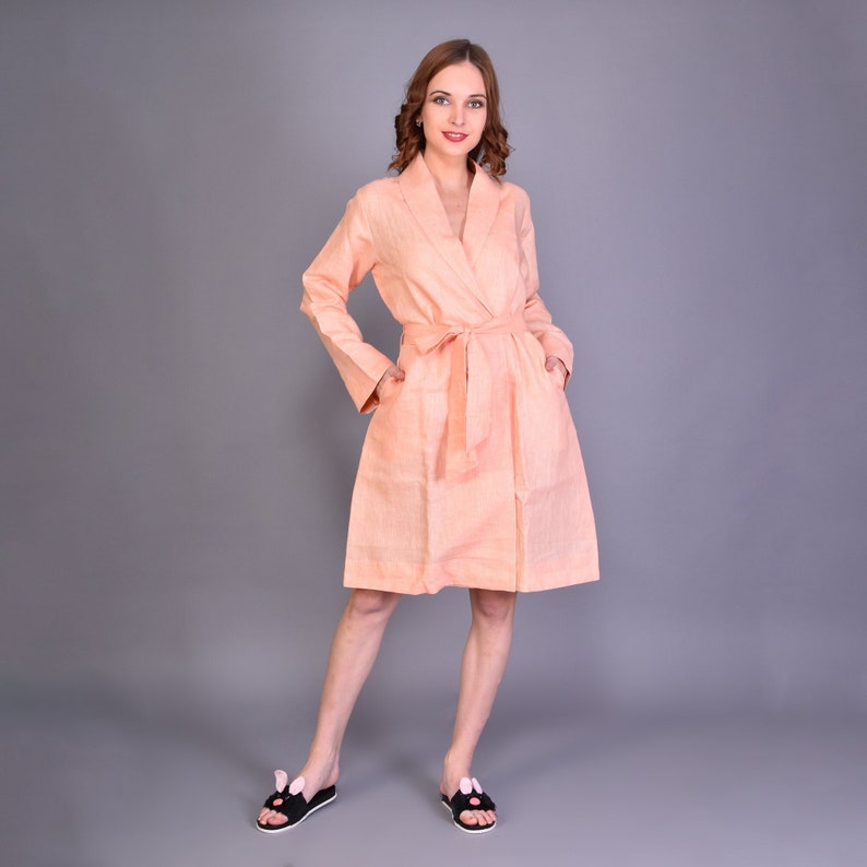Peach linen bathrobe elegant and luxury beachwear Linen Robe for men and Women Mid calf robe classic robe Home wear soft Lounge wear image 3