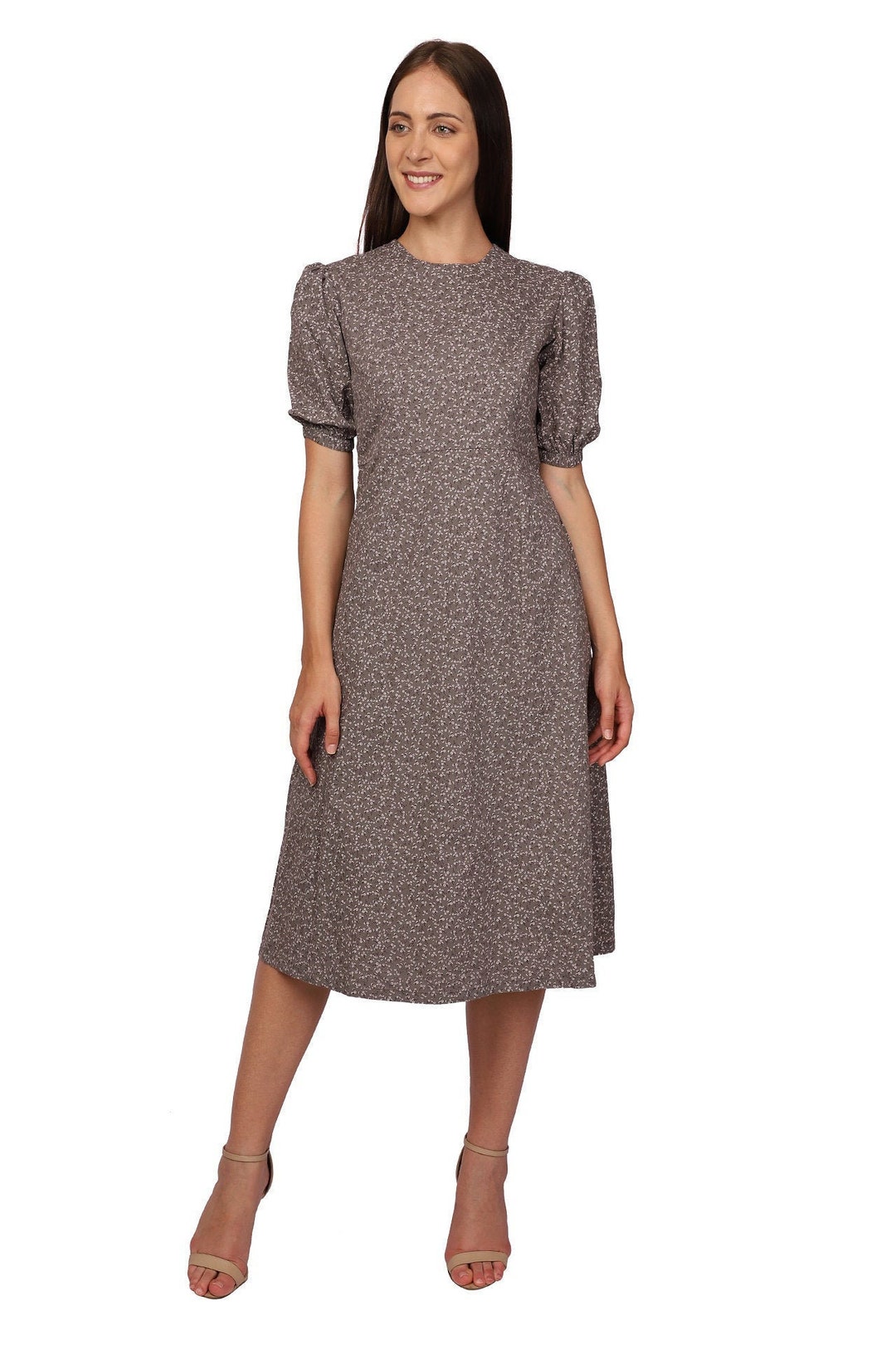 Ditsy Print Midi Dress in Grayish Brown Work Dress Floral Puff Sleeve