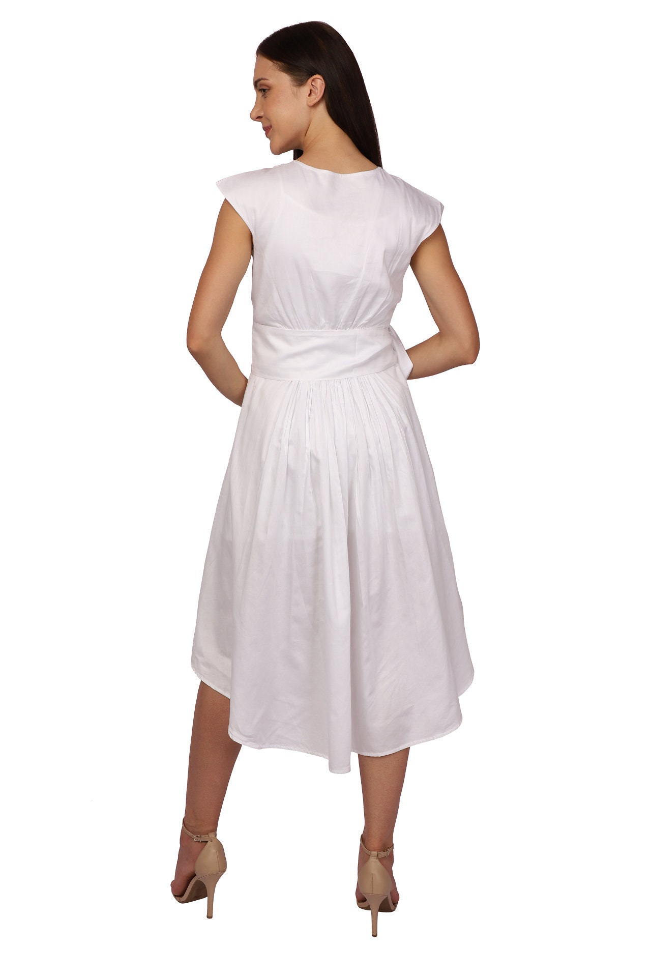 White midi dress in satin cotton with belt and asymmetric hem | Etsy