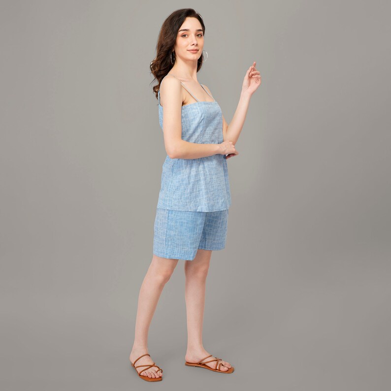 Ladies cotton summer pajamas short and top Strappy shorts pajamas Blue pajama set Tank top pajama set Spaghetti top Lounge wear image 3