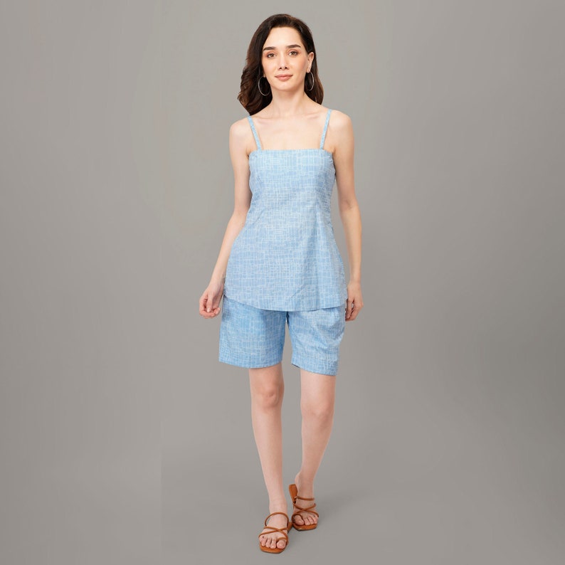 Ladies cotton summer pajamas short and top Strappy shorts pajamas Blue pajama set Tank top pajama set Spaghetti top Lounge wear image 1