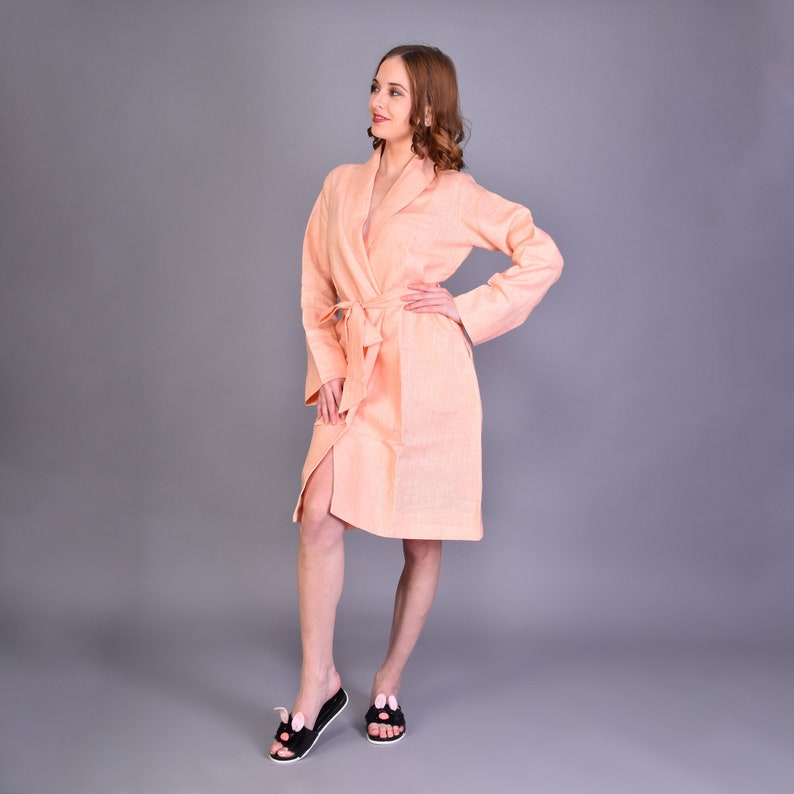 Peach linen bathrobe elegant and luxury beachwear Linen Robe for men and Women Mid calf robe classic robe Home wear soft Lounge wear image 1