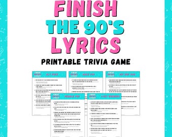 FINISH THE 90’S LYRICS Druckbares Quiz-Spiel | 5 Runden & 30 Songtexte | Sofortdownload | 90er Musik Quiz | Pdf