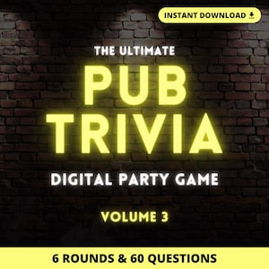 Może przedstawiać: Cyfrowa gra towarzyska zatytułowana "The Ultimate Pub Trivia", tom 3, z 6 rundami i 60 pytaniami. Tytuł jest w jaskrawożółtym kolorze, ze słowami "Pub Trivia" na pierwszym planie. Tło to ciemna ceglana ściana z ikoną "Natychmiastowe pobieranie".