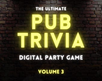 Puede incluir: Juego de fiesta digital titulado "The Ultimate Pub Trivia", Volumen 3, con 6 rondas y 60 preguntas. El título es de color amarillo brillante, con las palabras "Pub Trivia" en un lugar destacado. El fondo es una pared de ladrillos oscuros con un icono de "Descarga instantánea".