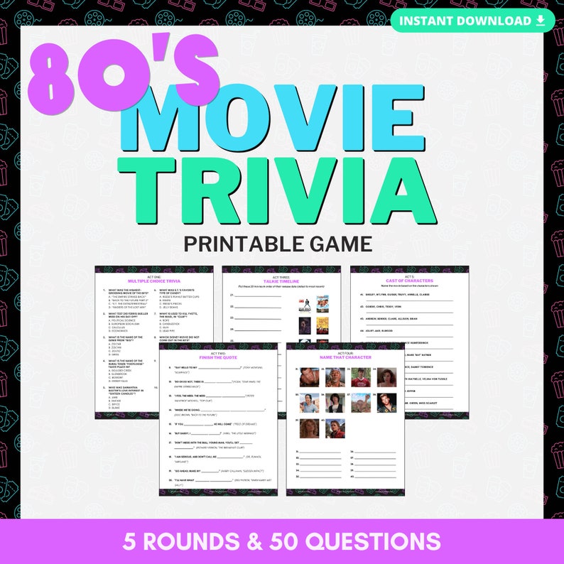 80'S MOVIE TRIVIA Printable Game | 5 Rounds &amp; 50 Questions to Test Your ...