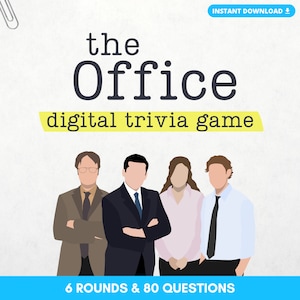 Könnte beinhalten: Digitales Quizspiel mit Charakteren aus der Fernsehserie "The Office". Das Spiel umfasst 6 Runden und 80 Fragen.