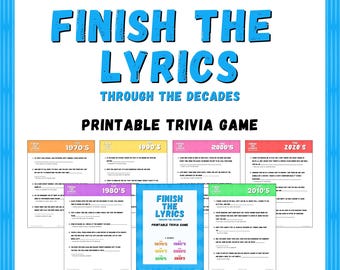 BEENDIGUNG DER LYRICS Musik-Trivia-Spiel | 6 Runden & 30 Songtexte | Sofortdownload | Dekade Quiz Spiel | Druckbares Spiel