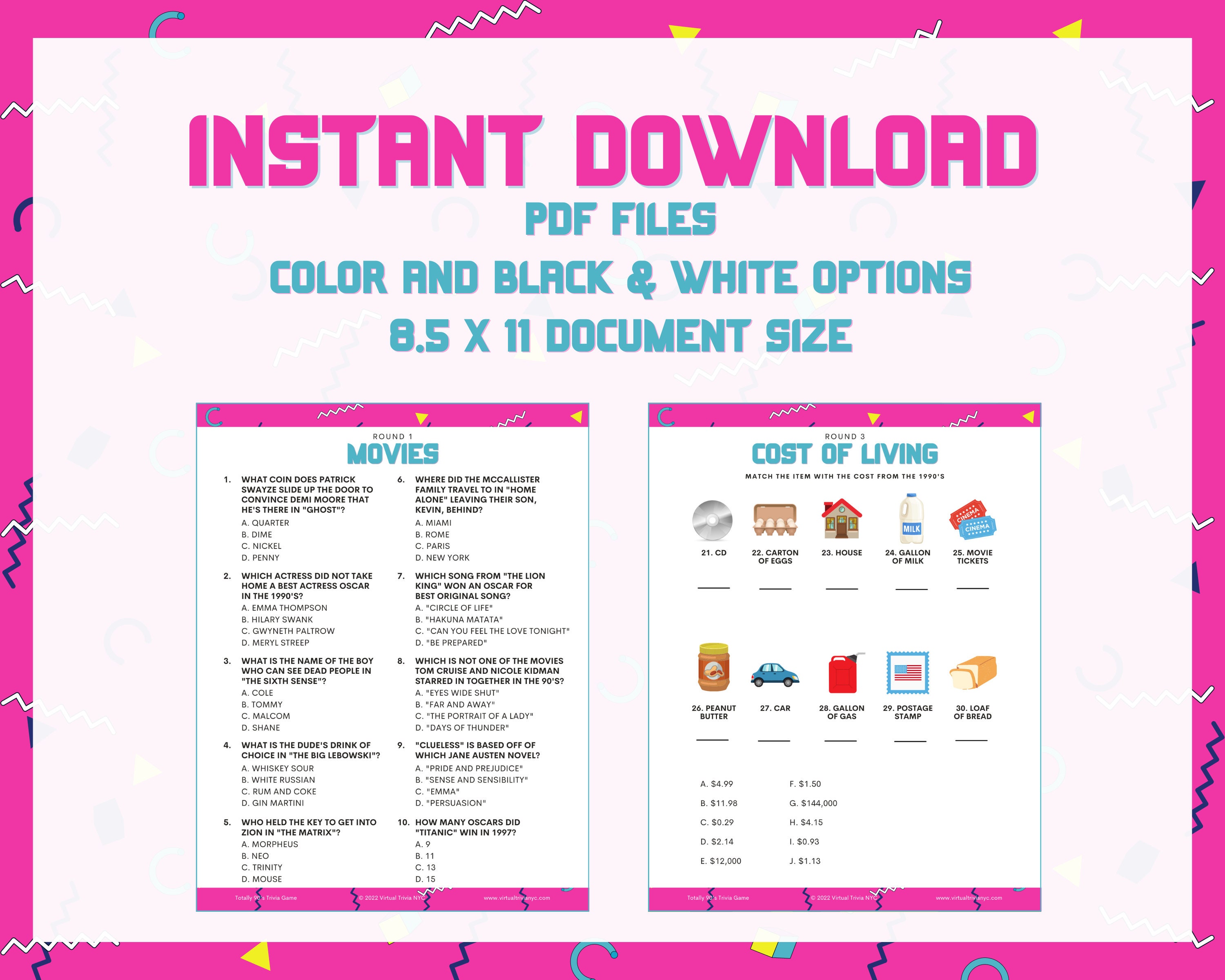 TOTALLY 90'S TRIVIA Printable Game | 7 Rounds &amp; 70 Questions | Perfect ...