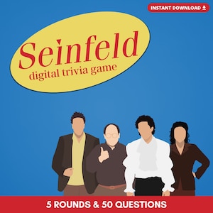 May include: A digital trivia game featuring the characters from the TV show Seinfeld. The game includes 5 rounds and 50 questions. The characters are Jerry Seinfeld, Elaine Benes, George Costanza, and Cosmo Kramer.