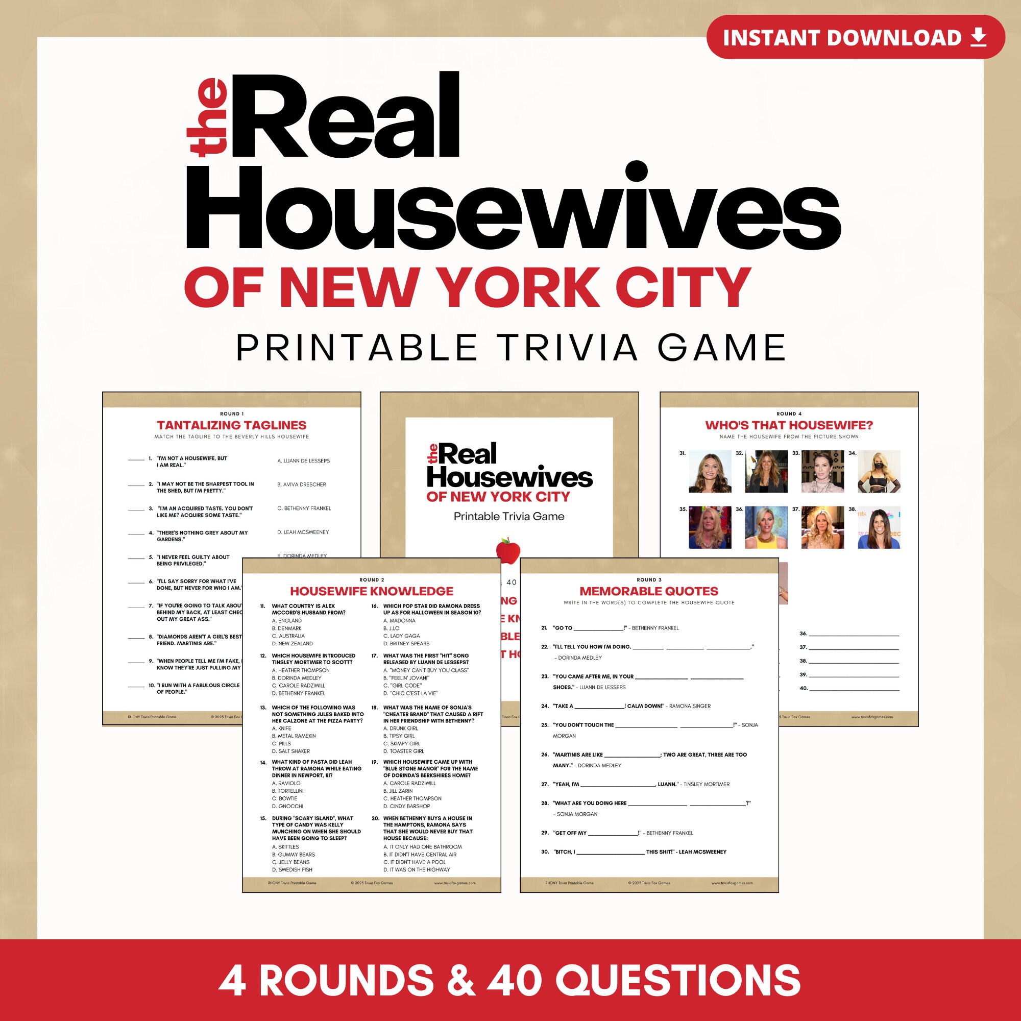 The Real Housewives of NEW YORK CITY Printable Trivia Game 4 Rounds &amp; 40 Questions Perfect for ...