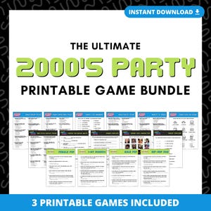 May include: A digital printable game bundle titled The Ultimate 2000's Party Printable Game Bundle, featuring multiple white sheets with black text, trivia questions, and music-themed challenges, all displayed against a black background.