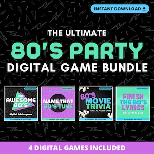 Op de afbeelding: Een digitaal spelpakket genaamd The Ultimate 80's Party Digital Game Bundle, met vier spelkaarten: The Awesome 80's, Name That 80's Tune, 80's Movie Trivia en Finish The 80's Lyrics, tegen een zwarte achtergrond met bliksemschichten.