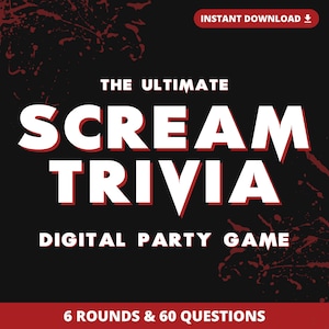 Jogo digital para festas SCREAM TRIVIA | 6 rodadas e 60 perguntas | Jogo para festas de Halloween | Quiz de curiosidades sobre filmes | Download instantâneo | Jogo para PowerPoint