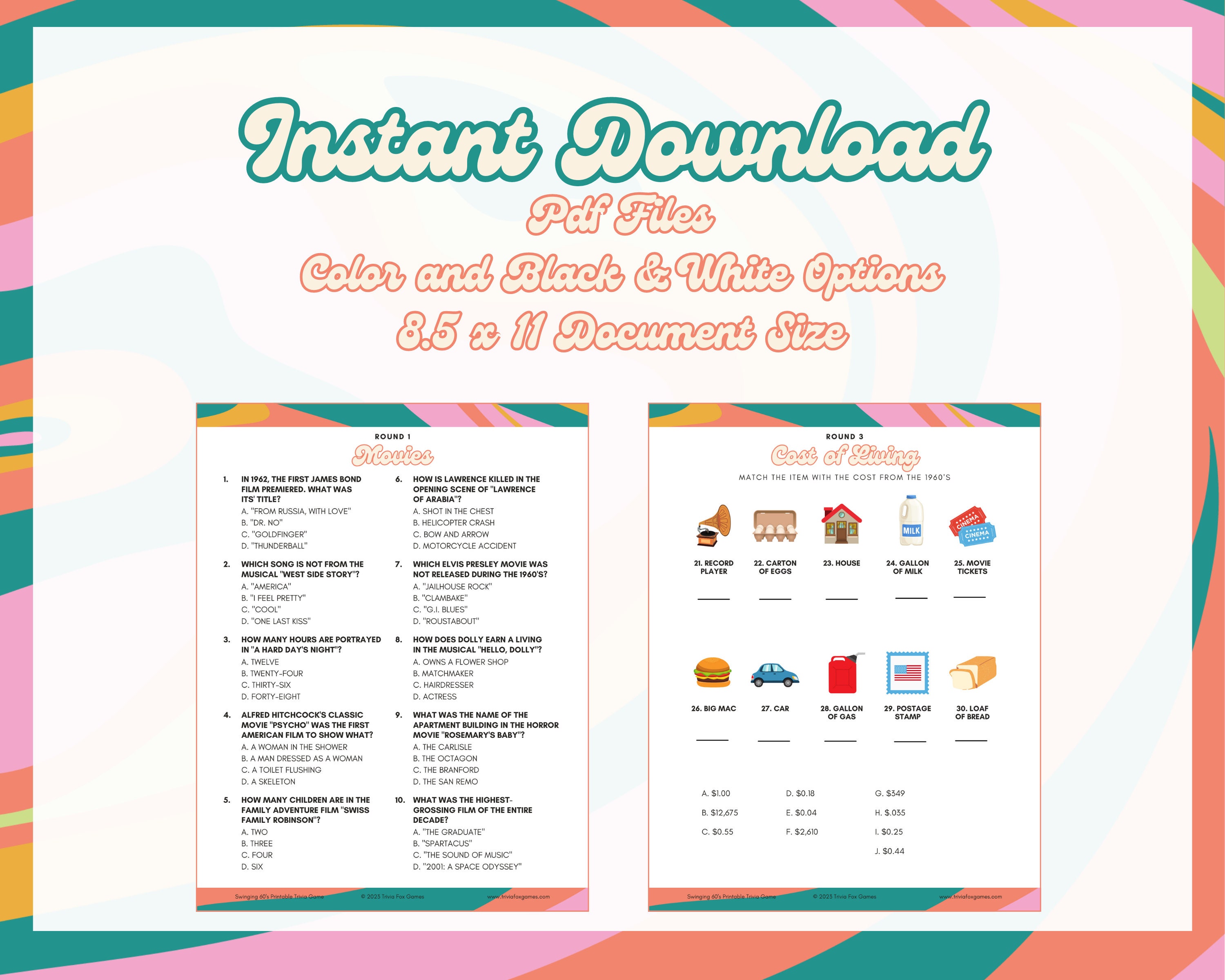 Swinging 60's Trivia Game: Retro Party, 70 Questions (PDF Files) - Etsy