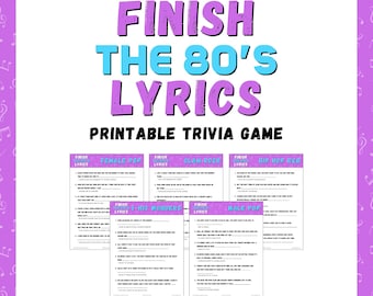 FINISH THE 80’S LYRICS Druckbares Quiz-Spiel | 5 Runden & 30 Songtexte | Sofortdownload | 80er Musik Quiz | Pdf