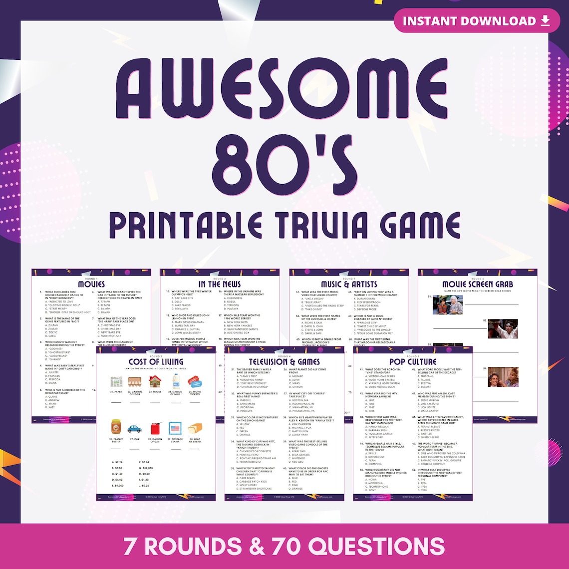 AWESOME 80'S TRIVIA Printable Game 7 Rounds &amp; 70 Questions Perfect for ...