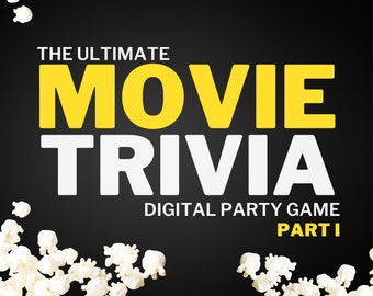 Puede incluir: Un gráfico amarillo y blanco con el texto "THE ULTIMATE MOVIE TRIVIA DIGITAL PARTY GAME PART I 8 ROUNDS & 80 QUESTIONS" sobre un fondo negro. Palomitas de maíz están dispersas alrededor de los bordes del gráfico.