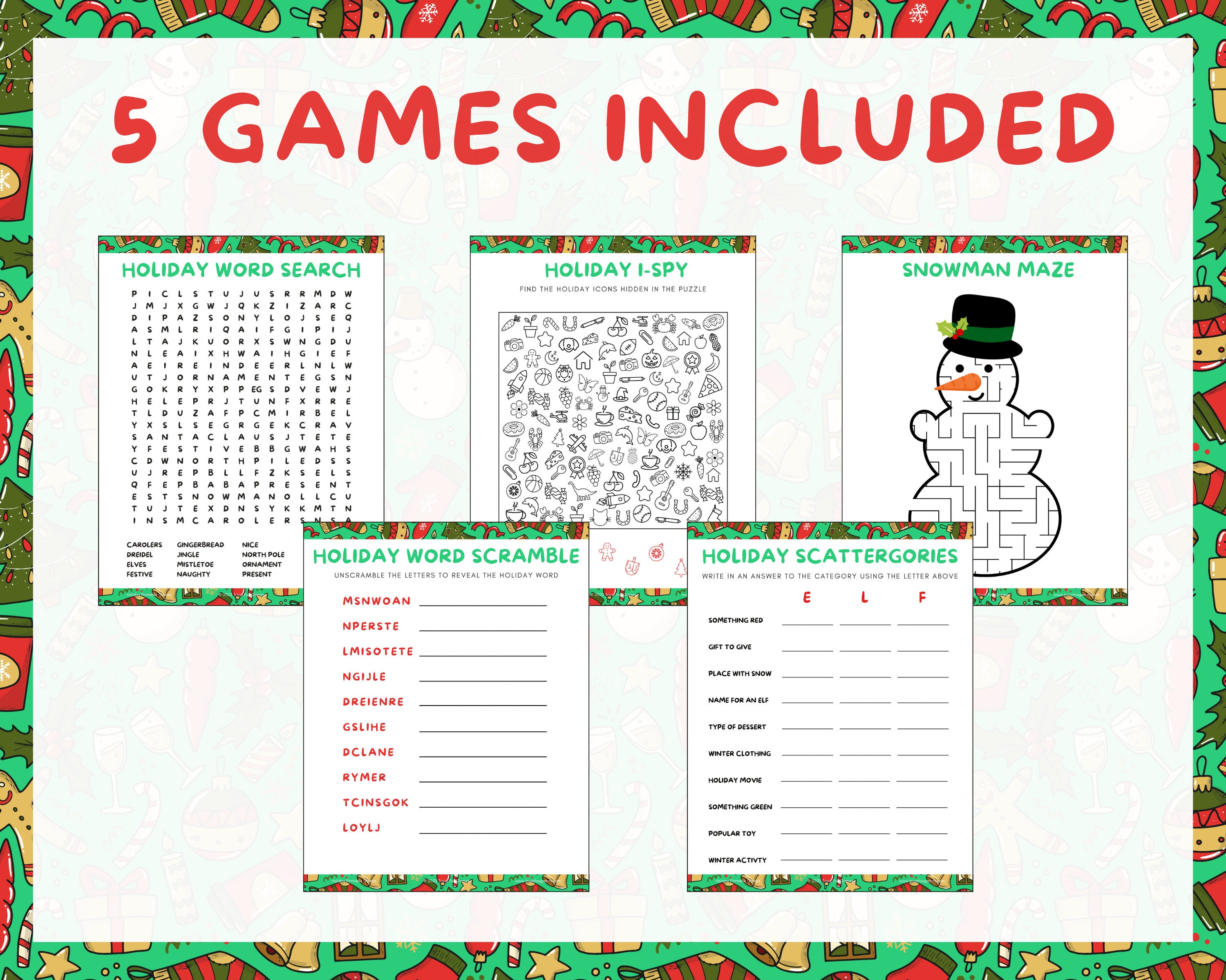HOLIDAY GAMES for Kids | 5 Printable Games | Instant Download | PDF