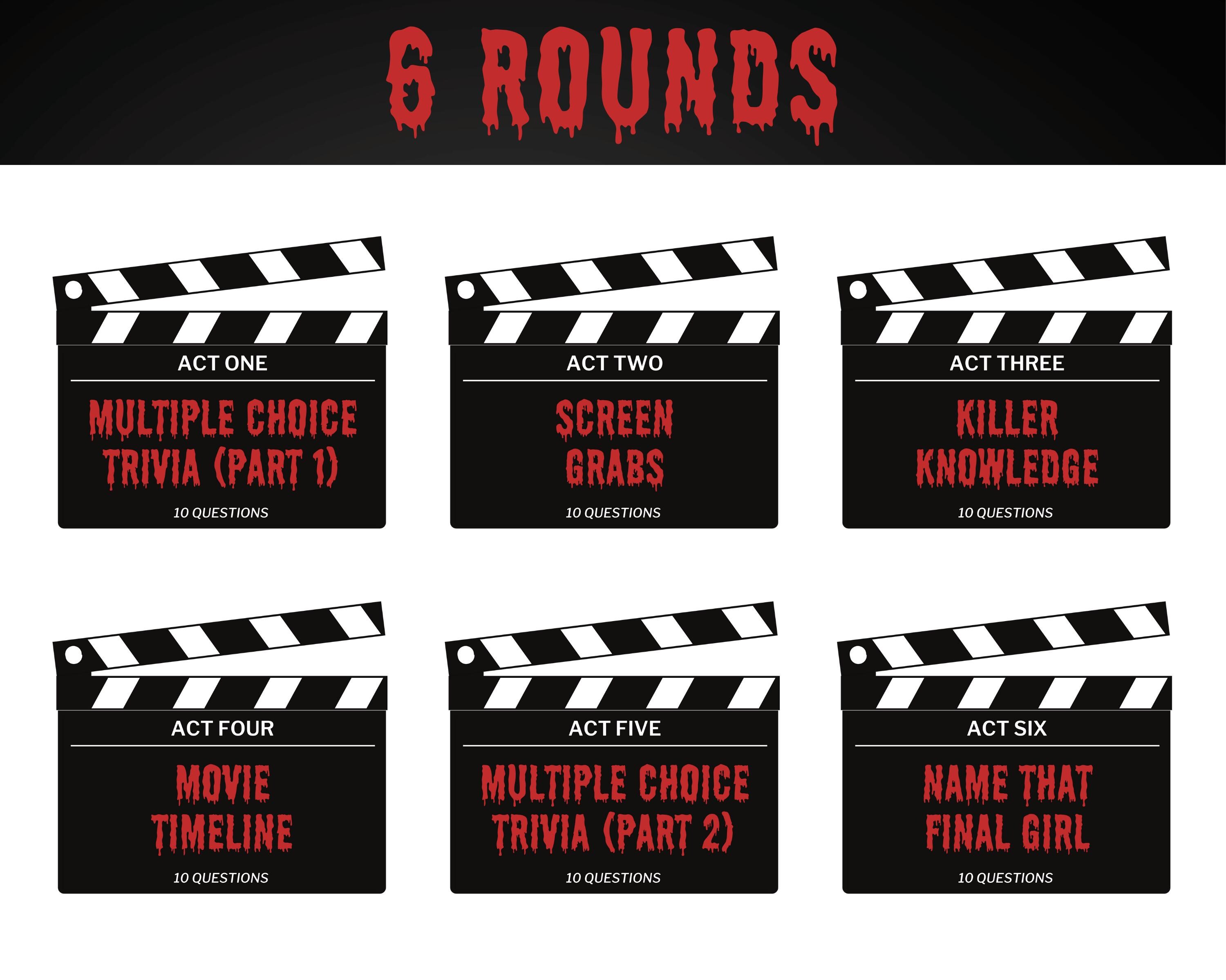 Slasher Trivia HORROR MOVIE TRIVIA Digital Party Game | 6 Rounds & 60 Questions ...