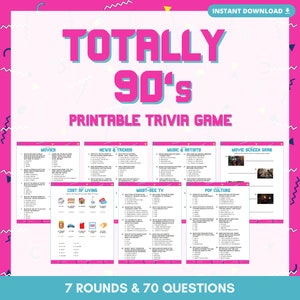Gioco stampabile TOTALLY 90'S TRIVIA / 7 round e 70 domande / Perfetto per la festa degli anni '90 / Download istantaneo / File PDF