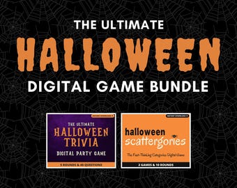Op de afbeelding: Een digitale Halloween-gamebundel met een zwarte achtergrond en een spinnenwebontwerp. De titel "THE ULTIMATE HALLOWEEN DIGITAL GAME BUNDLE" is oranje. Twee digitale games zijn inbegrepen: "Halloween Trivia" en "Halloween Scattergories".