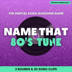 NAME THAT 80&#39;S TUNE Digital Song-Guessing Game | 5 Rounds & 50 Song Clips from the 80&#39;s | Play in Person or Virtually | Built on PowerPoint