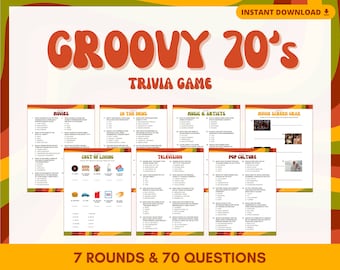 Groovy 70's Printable Trivia Game! Test Your Knowledge on the 70's with 7 Rounds and 70 Questions! Great for Groups & Parties! PDF Download