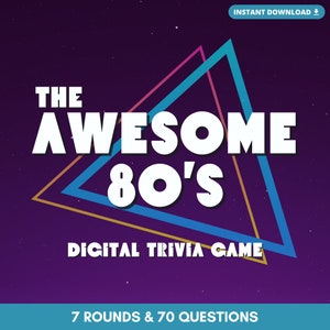 GEWELDIGE digitale TRIVIA-game uit de jaren 80 | 7 ronden en 70 vragen | Perfect voor jaren 80-feest | Direct downloaden | Gebouwd op PowerPoint