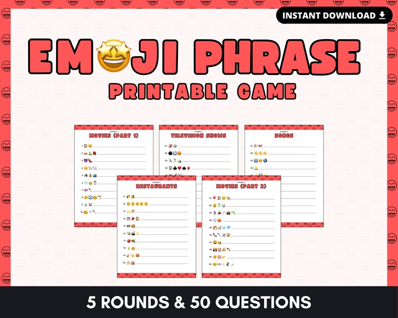 EMOJI PHRASE Printable Game 5 Rounds 50 Questions Etsy UK