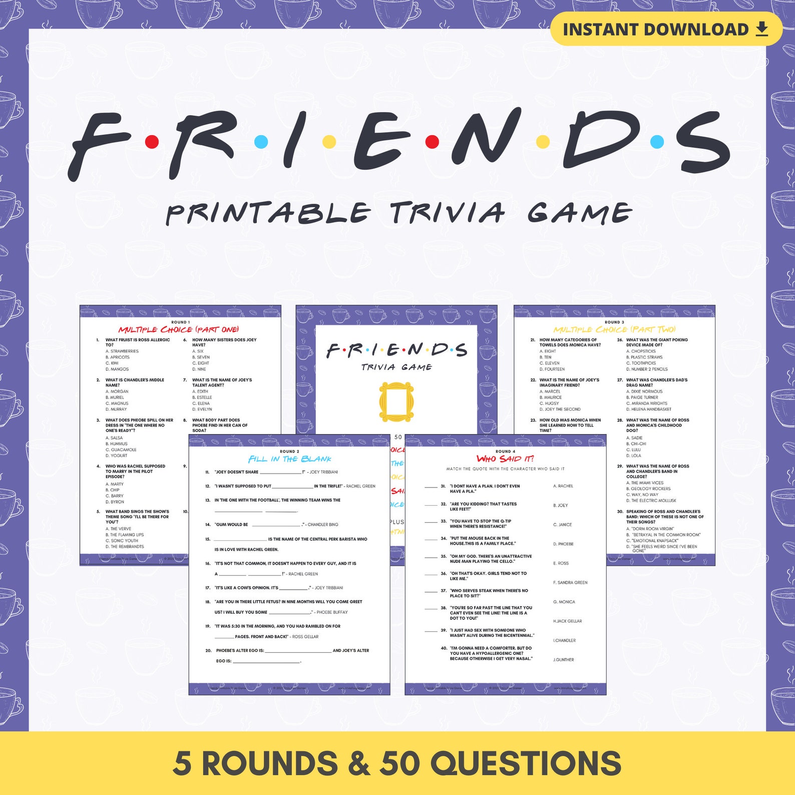 FRIENDS TRIVIA Printable Game | 5 Rounds &amp; 50 Questions | Perfect for ...