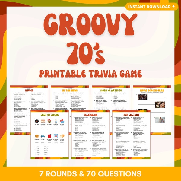 GROOVY 70'S TRIVIA Printable Game | 7 Rounds & 70 Questions | Perfect for 1970's Party | Instant Download | PDF Files