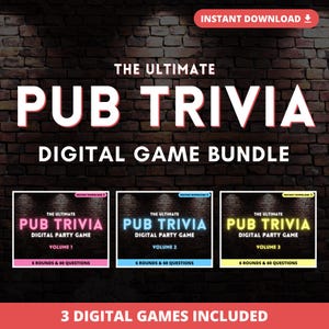 May include: A digital game bundle featuring the text THE ULTIMATE PUB TRIVIA DIGITAL GAME BUNDLE. Three rectangular game cards are displayed, each labelled VOLUME 1, 2, and 3, with pink, blue, and yellow neon-style text on a dark brick background.