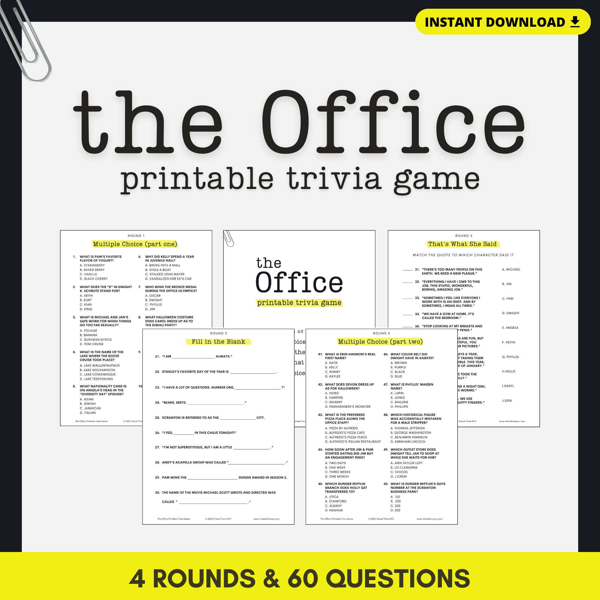 THE OFFICE TRIVIA Printable Game 4 Rounds & 40 Questions Instant