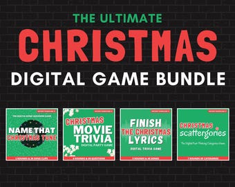 WEIHNACHTSPARTY SPIEL Bundle | 4 Digitale Spiele enthalten | Name der Melodie, Film Trivia, Beenden Sie die Texte, Scattergories | Powerpoint Spiele