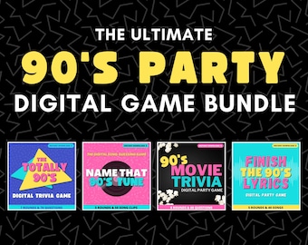 90er PARTY GAME Bundle | 4 Digitale Spiele | 90er Jahre Wissenswertes | Name dieser Melodie | Beende die Songtexte | Sofortdownload | 90er Jahre Gesellschaftsspiel