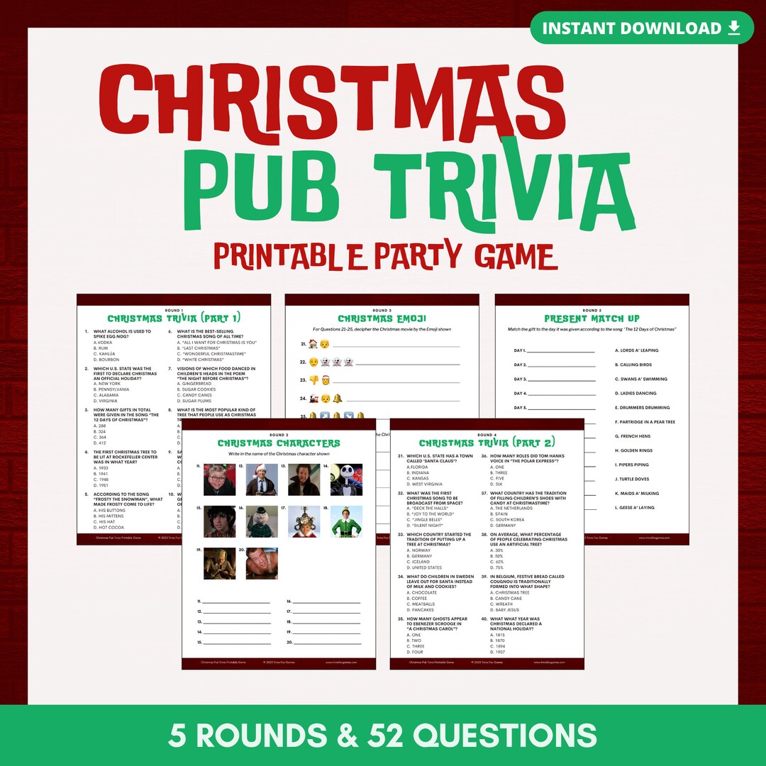 CHRISTMAS PUB TRIVIA Printable Game | Instant Download | 5 Rounds & 52 ...