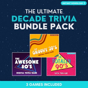 The Ultimate DECADE TRIVIA Digital Game Bundle! 3 Games/Decades to Play: 70’s, 80’s, & 90’s! Perfect for Parties! Built on PowerPoint.
