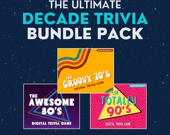 The Ultimate DECADE TRIVIA Digital Game Bundle! 3 Games/Decades to Play: 70’s, 80’s, & 90’s! Perfect for Parties! Built on PowerPoint.