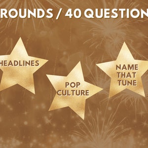May include: Three gold star-shaped icons with text on a brown background with a blurry image of fireworks. The text on the stars reads "Headlines", "Pop Culture", and "Name That Tune". The text at the top of the image reads "3 Rounds / 40 Questions".