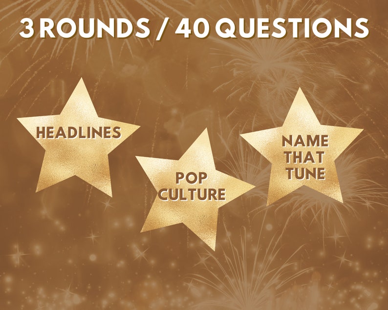 May include: Three gold star-shaped icons with text on a brown background with a blurry image of fireworks. The text on the stars reads "Headlines", "Pop Culture", and "Name That Tune". The text at the top of the image reads "3 Rounds / 40 Questions".