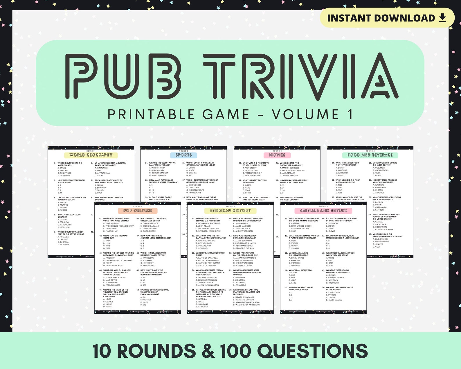 Pub Trivia Printable Game Volume 1 10 Rounds &amp; 100 Questions. | Etsy UK