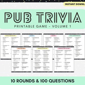 Pub Trivia Printable Game Volume 1 10 Rounds &amp; 100 Questions. - Etsy