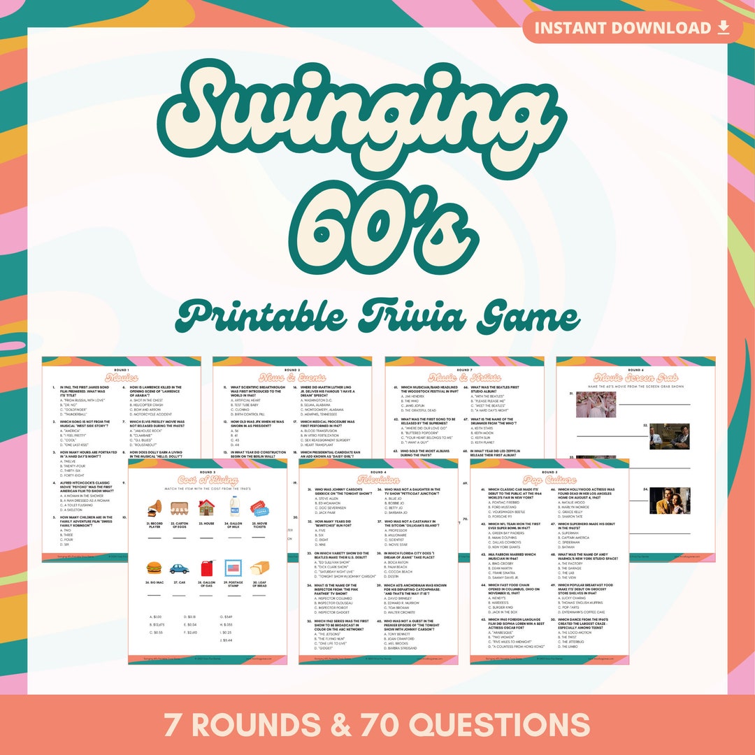 Swinging 60's Trivia Game: Retro Party, 70 Questions (PDF Files) - Etsy