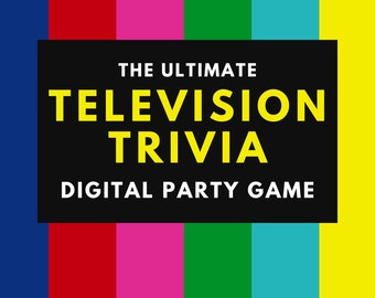 Puede incluir: Un juego de fiesta digital llamado "The Ultimate Television Trivia" con un fondo negro y rayas de colores. El juego incluye 8 rondas y 80 preguntas.