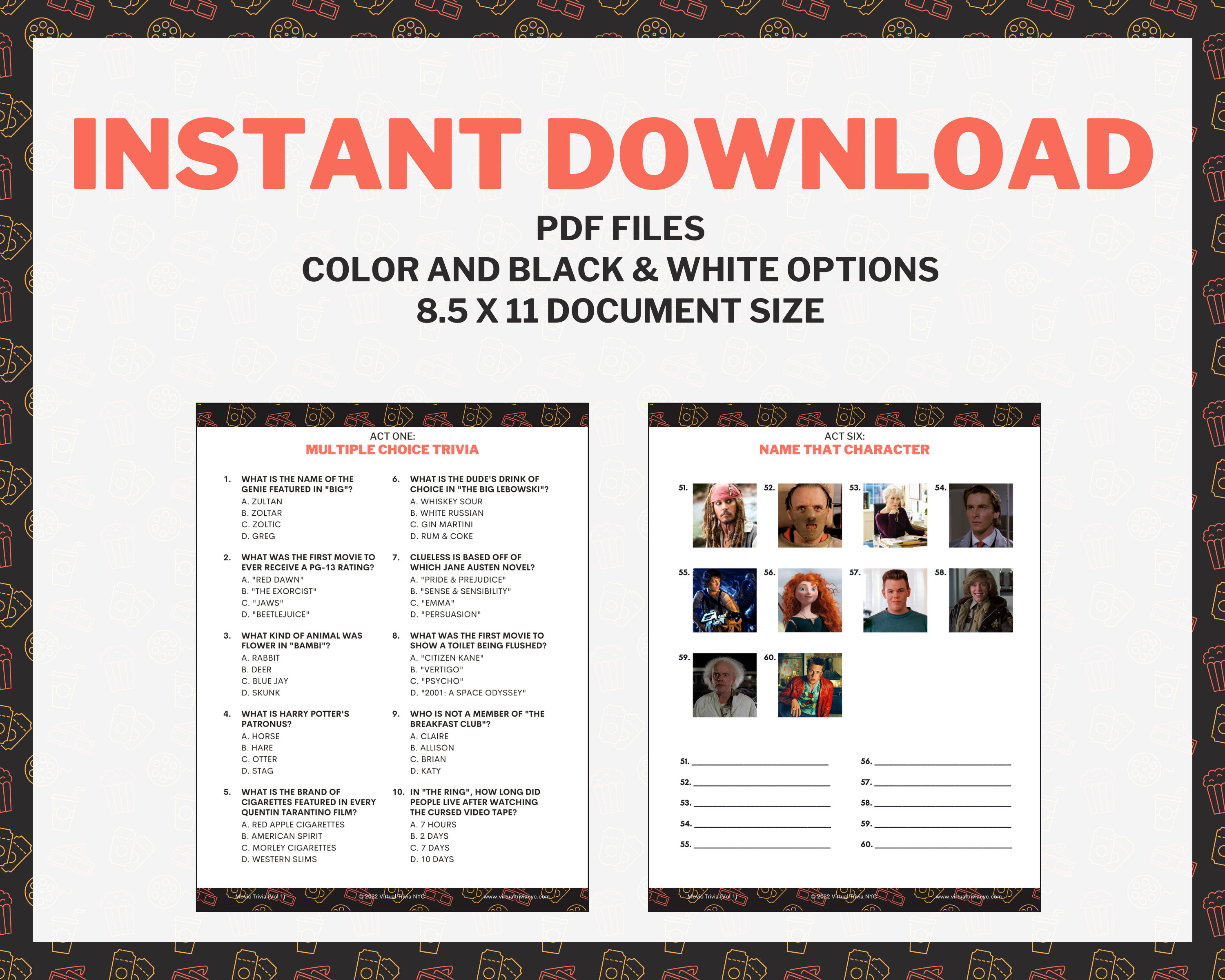 MOVIE TRIVIA Printable Game | Volume 1 | 7 Rounds &amp; 70 Questions | Pub ...
