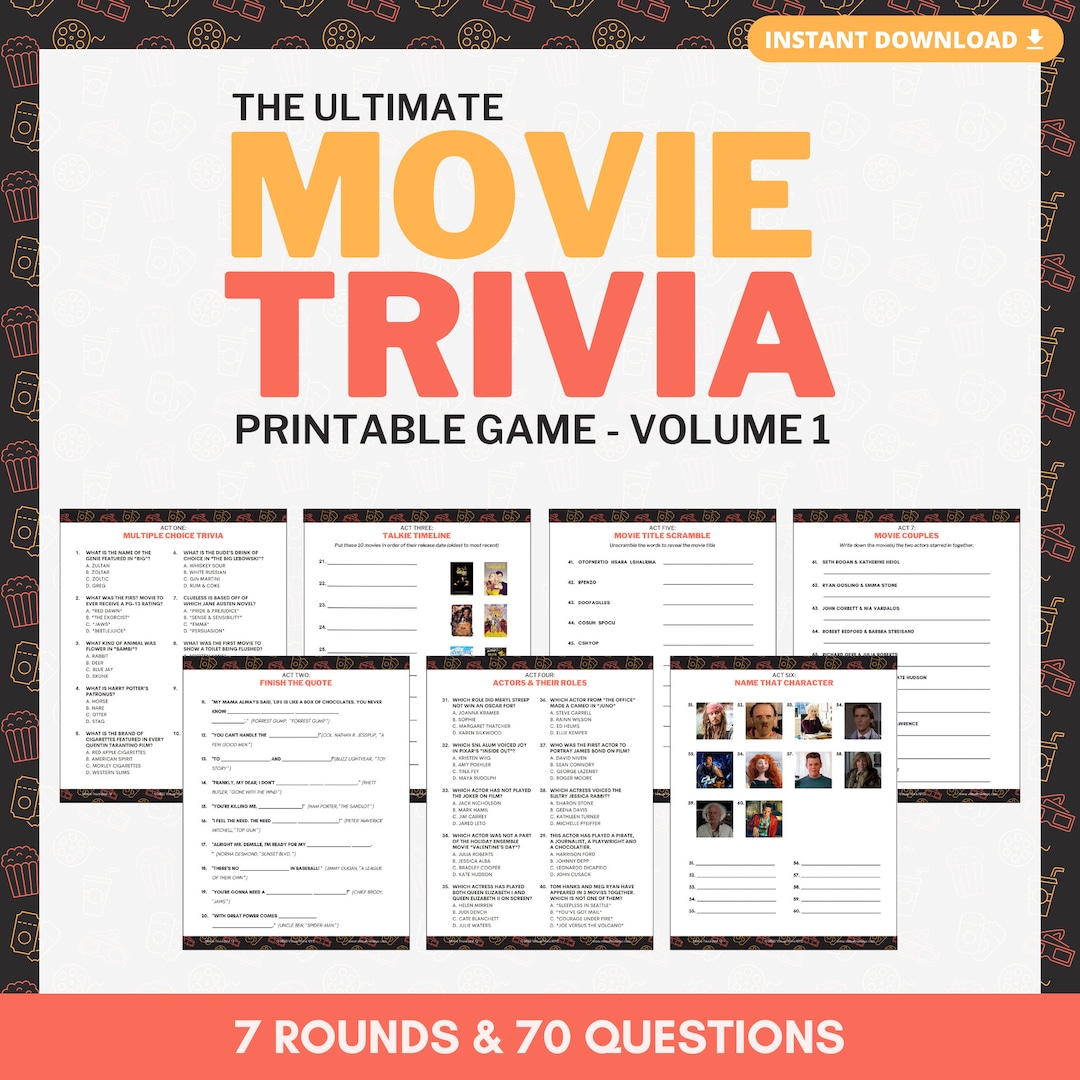 MOVIE TRIVIA Printable Game | Volume 1 | 7 Rounds &amp; 70 Questions | Pub ...