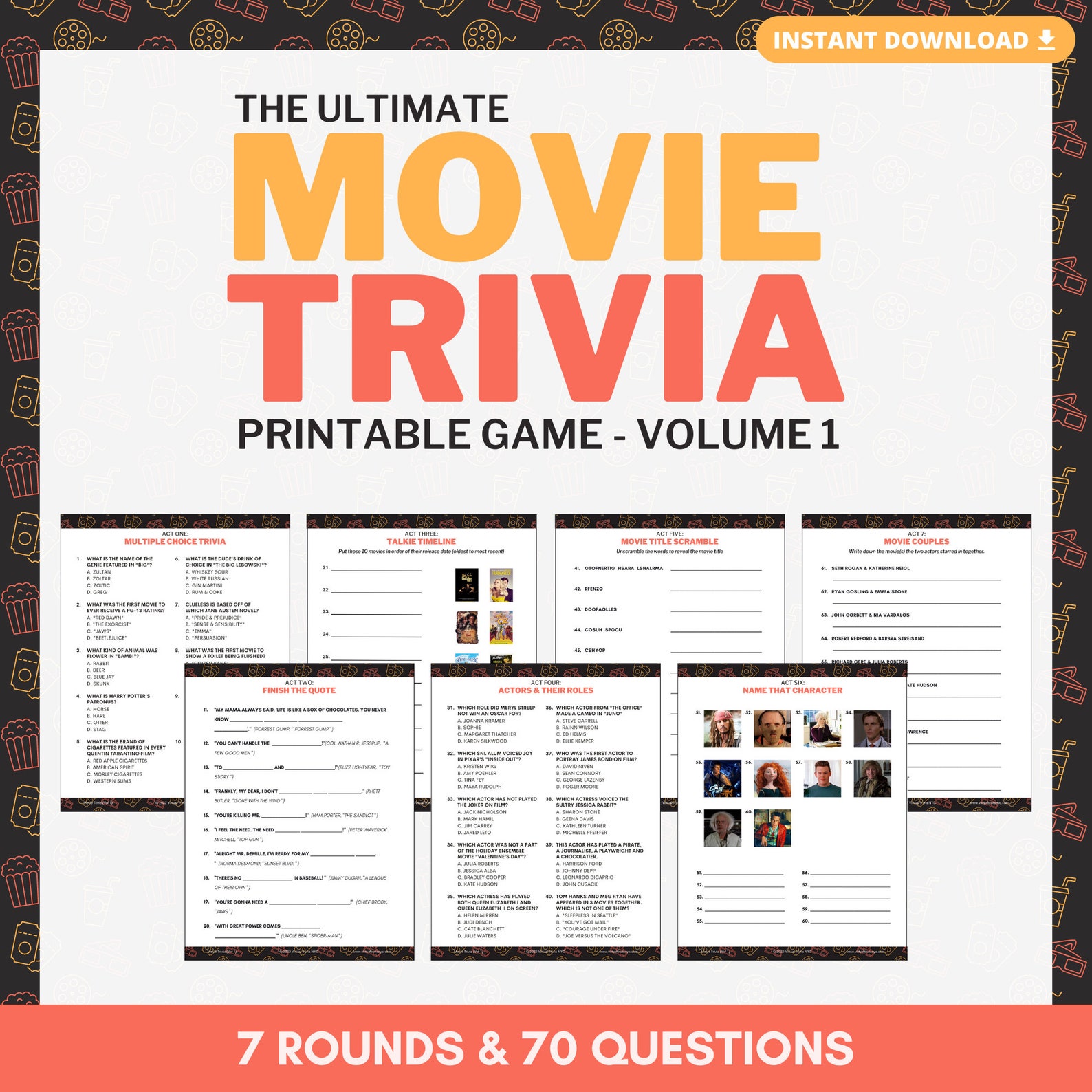 MOVIE TRIVIA Printable Game | Volume 1 | 7 Rounds &amp; 70 Questions | Pub ...