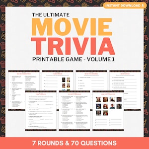 MOVIE TRIVIA Printable Game | Volume 1 | 7 Rounds & 70 Questions | Pub Trivia | Instant Download | PDF Files
