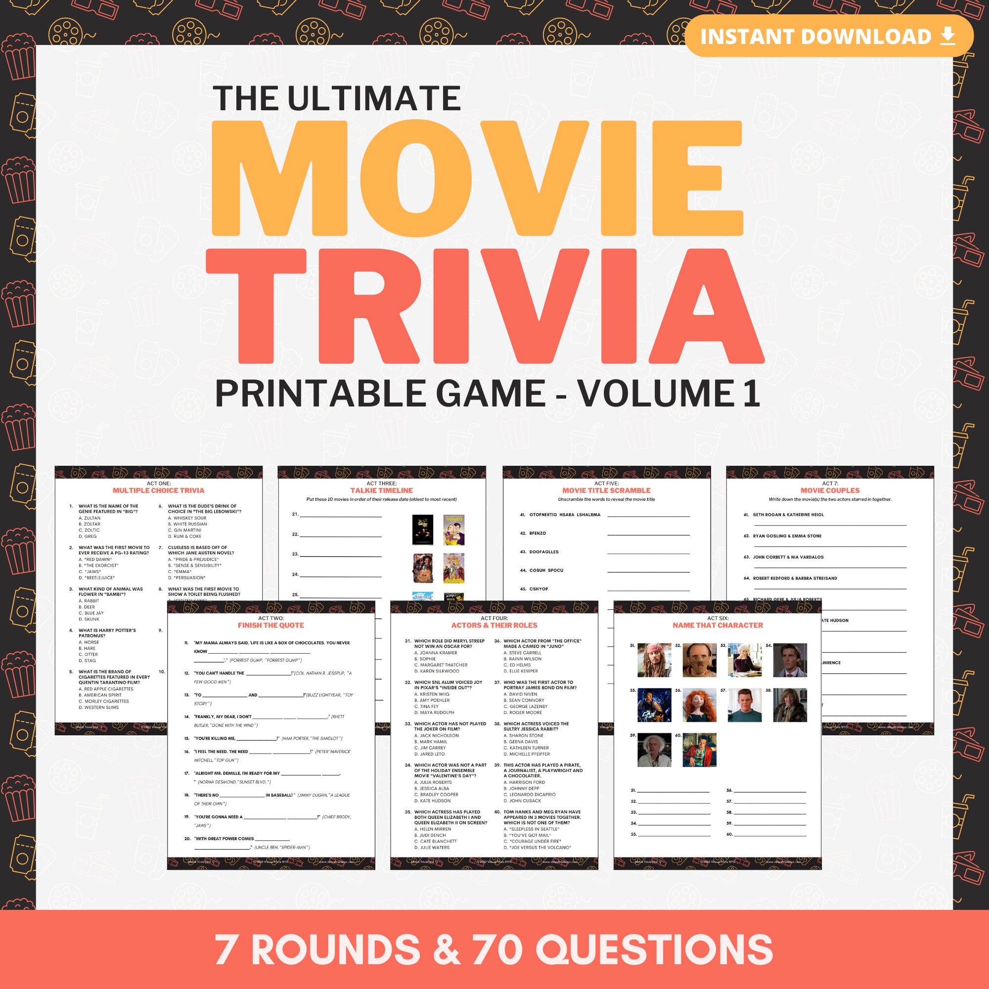 MOVIE TRIVIA Printable Game | Volume 1 | 7 Rounds &amp; 70 Questions | Pub ...
